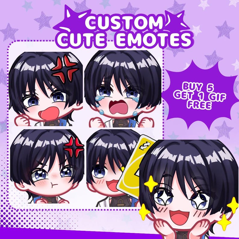 Cute anime emotes designed for VTubers, PNGTubers and streamers. Custom reaction icons for Twitch, Kick, Discord and YouTube with unique expressions, pets, mascots and channel branding.