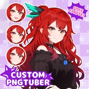 May include: An anime-style digital illustration of a character with long red hair, teal and black hair accessories, and amber eyes. The character wears a black off-the-shoulder top with a blue pendant. Text includes FREE EMOTE and CUSTOM PNGTUBER.