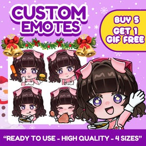 Cute anime emotes designed for VTubers, PNGTubers and streamers. Custom reaction icons for Twitch, Kick, Discord and YouTube with unique expressions, pets, mascots and channel branding.