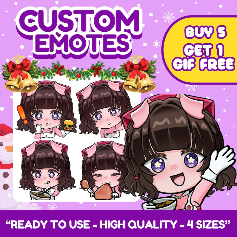Cute anime emotes designed for VTubers, PNGTubers and streamers. Custom reaction icons for Twitch, Kick, Discord and YouTube with unique expressions, pets, mascots and channel branding.