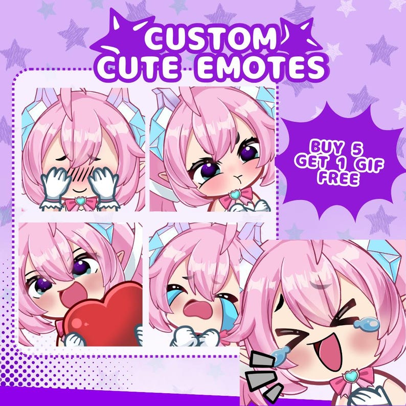 Cute anime emotes designed for VTubers, PNGTubers and streamers. Custom reaction icons for Twitch, Kick, Discord and YouTube with unique expressions, pets, mascots and channel branding..
