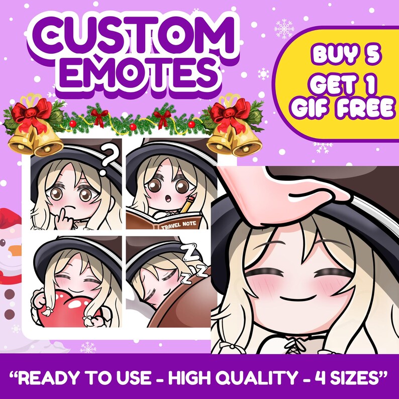 Cute anime emotes designed for VTubers, PNGTubers and streamers. Custom reaction icons for Twitch, Kick, Discord and YouTube with unique expressions, pets, mascots and channel branding.