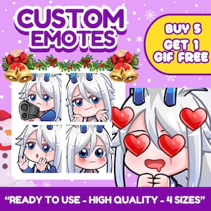 Cute anime emotes designed for VTubers, PNGTubers and streamers. Custom reaction icons for Twitch, Kick, Discord and YouTube with unique expressions, pets, mascots and channel branding.
