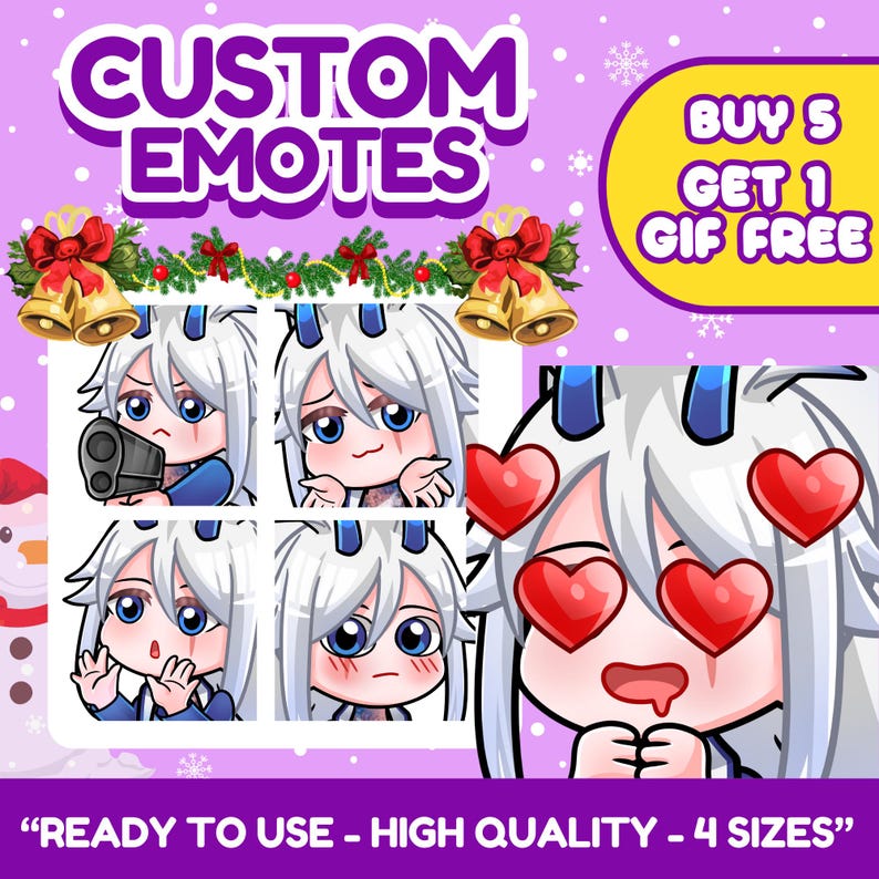 Cute anime emotes designed for VTubers, PNGTubers and streamers. Custom reaction icons for Twitch, Kick, Discord and YouTube with unique expressions, pets, mascots and channel branding.