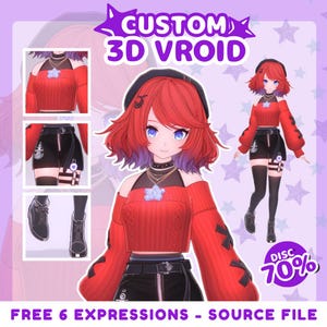 May include: Digital illustration of a custom 3D Vroid character with red hair and blue eyes. The character wears a red sweater, black shorts, and boots. Text includes "CUSTOM 3D VROID", "FREE 6 EXPRESSIONS - SOURCE FILE", and a 70% discount.