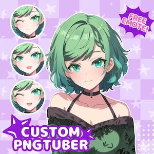 May include: An anime-style character illustration featuring a person with short green hair and teal eyes, wearing a black off-the-shoulder top with lace trim and a choker. Includes three smaller circular headshot variations and text reading FREE EMOTE and CUSTOM PNGTUBER.