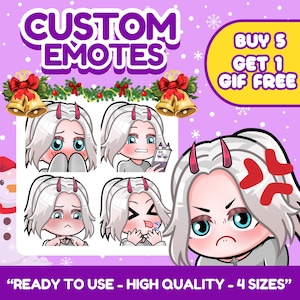 Cute anime emotes designed for VTubers, PNGTubers and streamers. Custom reaction icons for Twitch, Kick, Discord and YouTube with unique expressions, pets, mascots and channel branding.