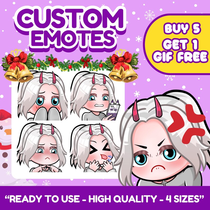 Cute anime emotes designed for VTubers, PNGTubers and streamers. Custom reaction icons for Twitch, Kick, Discord and YouTube with unique expressions, pets, mascots and channel branding.