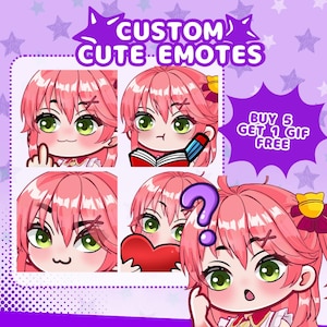 Cute anime emotes designed for VTubers, PNGTubers and streamers. Custom reaction icons for Twitch, Kick, Discord and YouTube with unique expressions, pets, mascots and channel branding.