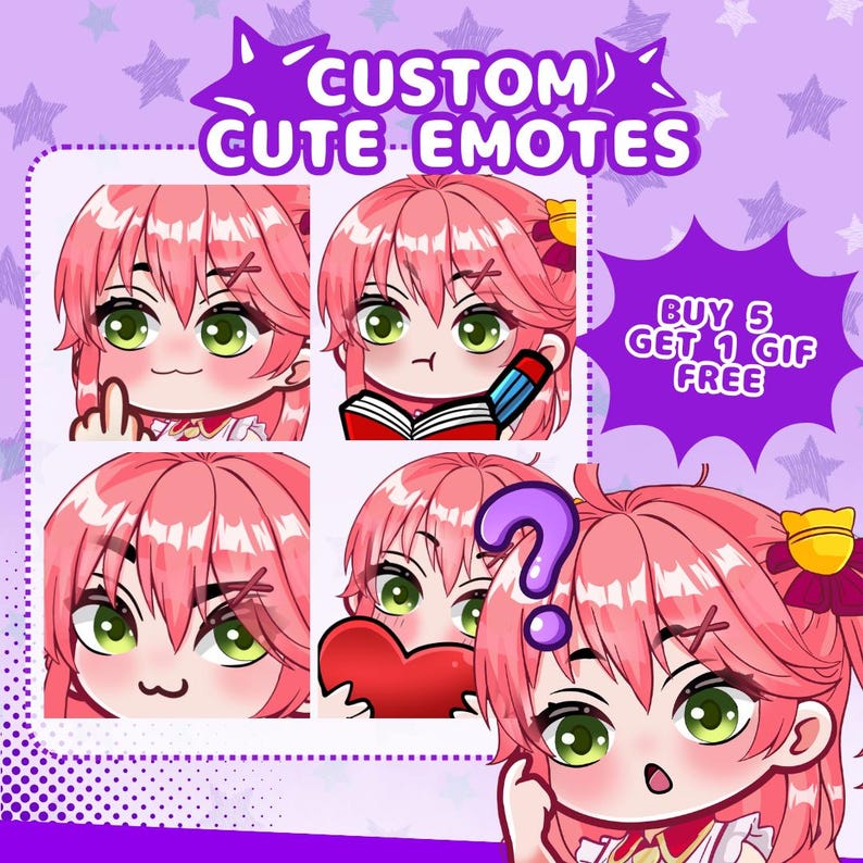 Cute anime emotes designed for VTubers, PNGTubers and streamers. Custom reaction icons for Twitch, Kick, Discord and YouTube with unique expressions, pets, mascots and channel branding.