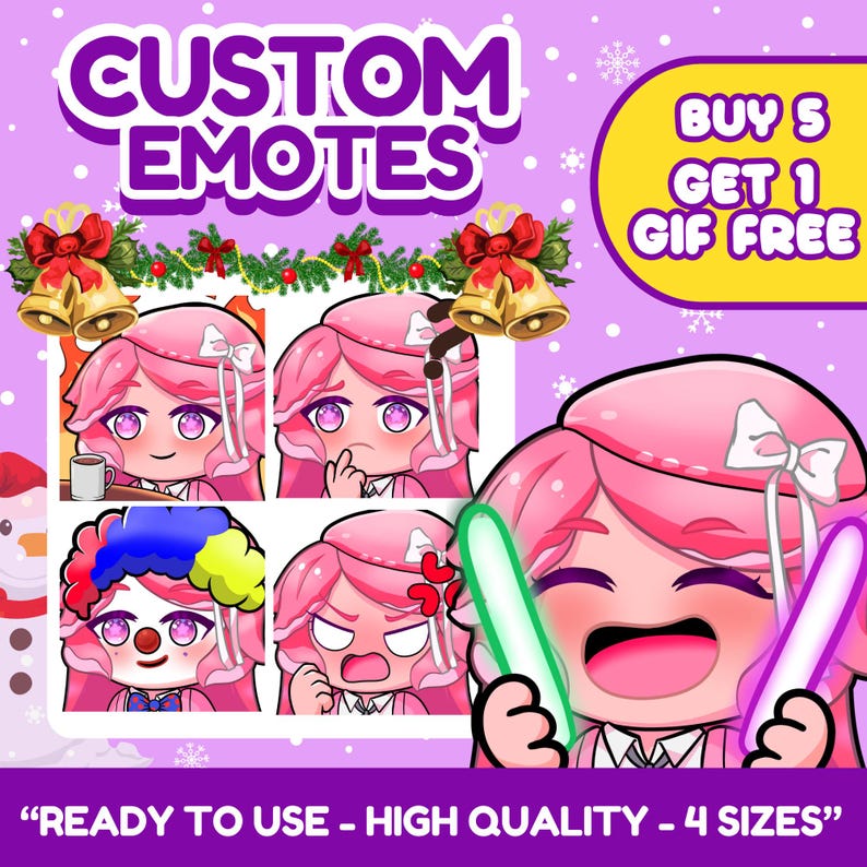 Cute anime emotes designed for VTubers, PNGTubers and streamers. Custom reaction icons for Twitch, Kick, Discord and YouTube with unique expressions, pets, mascots and channel branding.