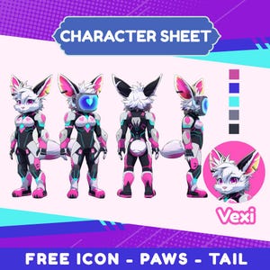 以下が含まれることがあります： 未来的なスーツを着た、Vexiという名前のキツネのようなキャラクターのキャラクターシートイラスト。キャラクターは複数の角度から表示され、「CHARACTER SHEET」と「FREE ICON - PAWS - TAIL」というテキストとカラーパレットが使用されています。