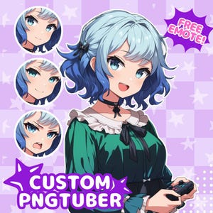 May include: An anime-style character with short blue hair, wearing a green dress with a white collar and black bow, holding a game controller. Includes three circular facial expression icons and text reading FREE EMOTE and CUSTOM PNGTUBER.