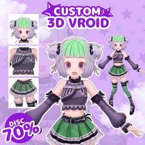 May include: A digital illustration of a 3D Vroid character with green and silver hair, wearing a black and gray top, a green skirt, and matching arm sleeves and socks. The text "CUSTOM 3D VROID" is at the top, and "DISC 70%" is at the bottom.