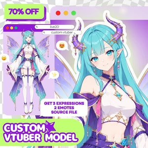 May include: A digital illustration of a custom VTuber model featuring a character with long teal hair, purple horns, and fairy wings. The character wears a white and purple outfit. Text includes 70% OFF, live2D, custom vtuber, GET 3 EXPRESSIONS 2 EMOTES SOURCE FILE.