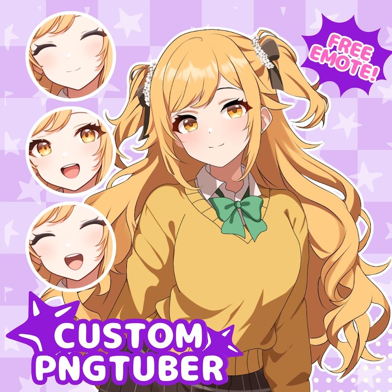 May include: An anime-style illustration of a character with long blonde hair, wearing a yellow sweater and a green bow tie. The image includes three circular facial expressions, a purple star-shaped text bubble reading FREE EMOTE, and CUSTOM PNGTUBER.