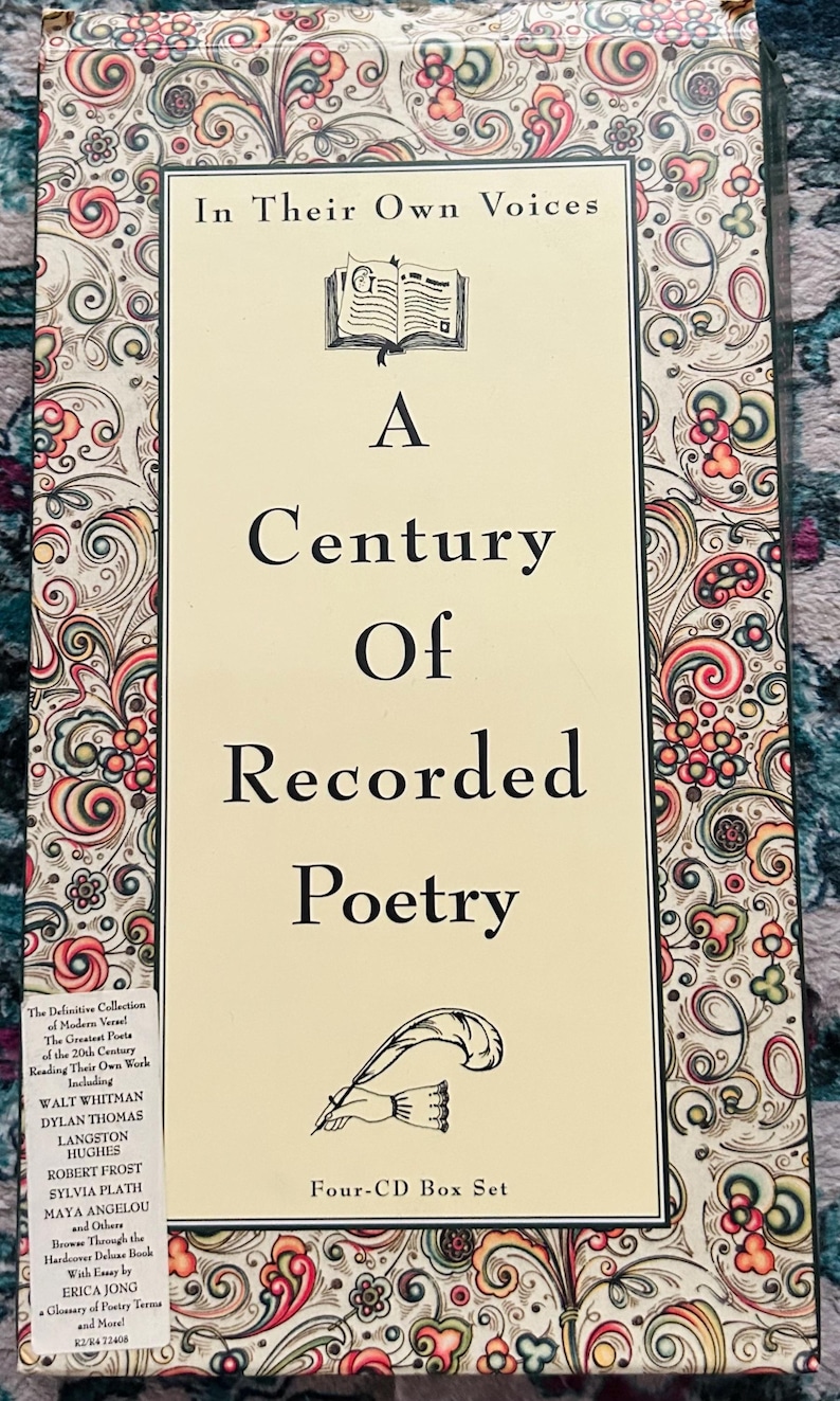 May include: A boxed set of poetry recordings titled "A Century of Recorded Poetry." The cover features the text "In Their Own Voices" and lists poets like Walt Whitman and Maya Angelou. The box set includes a four-CD set.