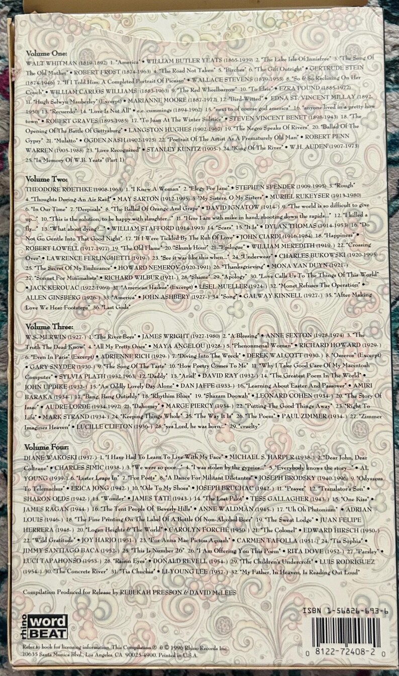 May include: A poetry compilation, titled "word BEAT", is displayed against a white backdrop. The cover includes the ISBN and the names of the poets and their poems, organised into four volumes. The text is clearly printed, with a list of authors and their works.