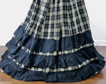 Blue Victorian Dress skirt 1800s silk plaid Civil War era costume long silk taffeta bustle