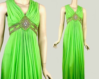 Vintage 60s party dress lime green beaded cocktail formal flowy grecian goddess gown