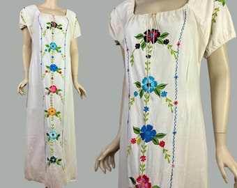 60s 70s hippie dress vintage boho mexican embroidered tent festival linen dress maxi length medium