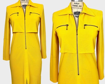 Vintage 60s mod mini dress yellow zip up Medium