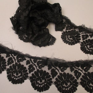 Antique black lace fabric remnant flounce 19th Century Victorian era