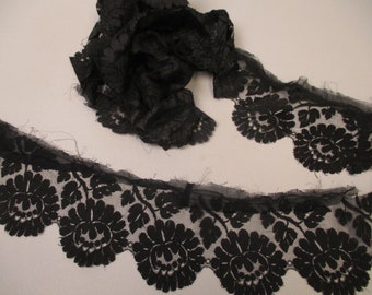 Antique black lace fabric remnant flounce 19th Century Victorian era