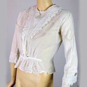Antique edwardian dress blouse long sleeve embroidered lace cotton