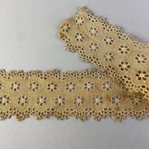 Könnte beinhalten: Ein Band aus beigefarbener Spitze mit floralem Muster. Die Spitze hat ein sich wiederholendes Muster aus durchbrochenen Blumen und einen gewellten Rand. Der Stoff wirkt zart und vintage, ideal für Bastelprojekte oder Dekorationen.