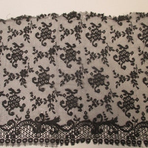 Antique black lace fabric remnant french chantilly 19th Century Victorian era