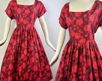 Vestido de fiesta vintage de los años 50, vestido formal de cóctel de noche con flores rojas, estilo rockabilly.