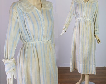 Antique Edwardian Dress turn of the century cotton white linen striped day dress