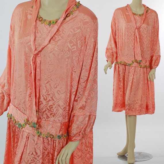 Vintage 20s Deco Flapper party dress drop waist fl
