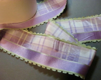 Vintage lavendelband Frankrike rayon 1950-talet 7,5 cm rutigt dekoratör