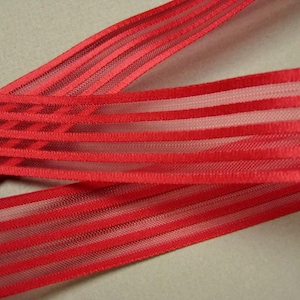 Sheer striped red ribbon satin striping polyester fabric bow ribbon 7/8 in width