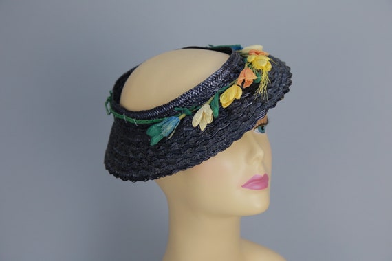 Vintage 40s tilt hat navy straw floral trim