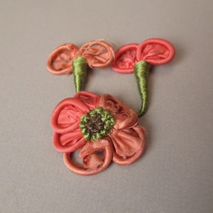 Antique floral ribbonwork applique pink Victorian ribbon rose