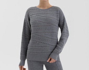 Cozy Italian Merino Sweater with Low Collar, Oversized Openwork Knitted Pullover, Organic Wool