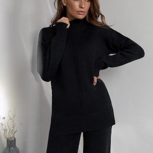 Black Merino Wool Knitted Trouser Suit, Sweater And Straight Сut Тrousers, Fashion Suit, Modern Clothing