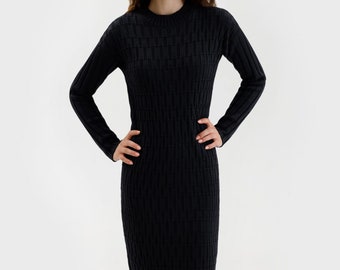 Merino Dress, Elegant Black Italian Wool Sheath, Organic Knit, Women's Clothing