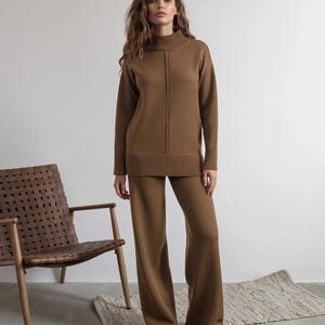 Merino Trouser Suit, Golden Beige, Wool Knitted, Sweater And Straight Сut Тrousers, Fashion Suit, Modern Clothing