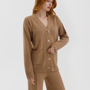 Golden Beige Merino Cardigan Jacket - Knitted Italian Wool, Organic Pullover with Buttons, Cozy Sweater
