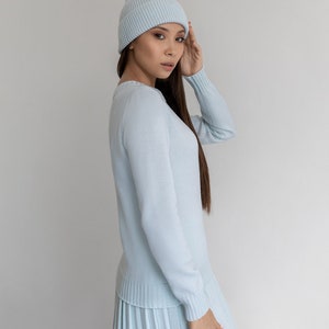 Luxurious Merino Wool Jumper, Elegant Women&#39;s Sweater, Soft Pale Blue Pullover