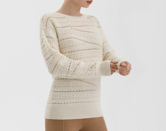 Cozy Italian Merino Sweater with Low Collar, Oversized Openwork Knitted Pullover, Organic Wool