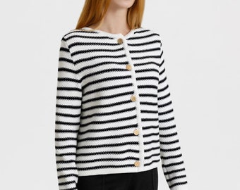 Merino Knitted Jacket, Black & White Sweater, Women's Italian 100% Organic Wool