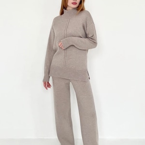 Merino Trouser Suit, Latte, Sweater And Straight Сut Тrousers, Fashion Suit, Modern Clothing