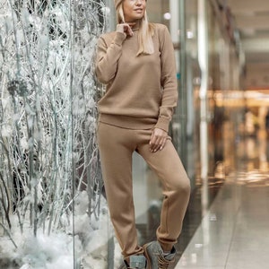 Merino Trouser Suit, Beige Wool Knitted Sweater And Joggers, Fashion Suit, Modern Clothing