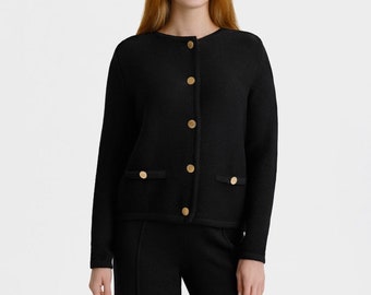 Merino Knitted Jacket, Black Sweater, Women's Italian 100% Organic Wool