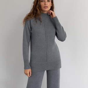Grey Merino Wool Knitted Trouser Suit, Sweater And Straight Сut Тrousers, Fashion Suit, Modern Clothing